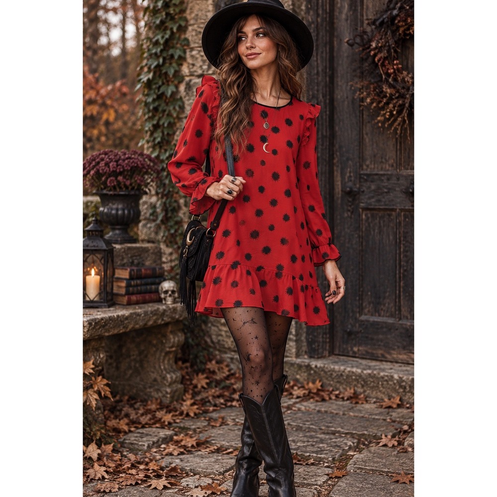 Who What Wear Red Dandelion Mini Shift Dress Ruffle Flounce M Whimsigoth Boho